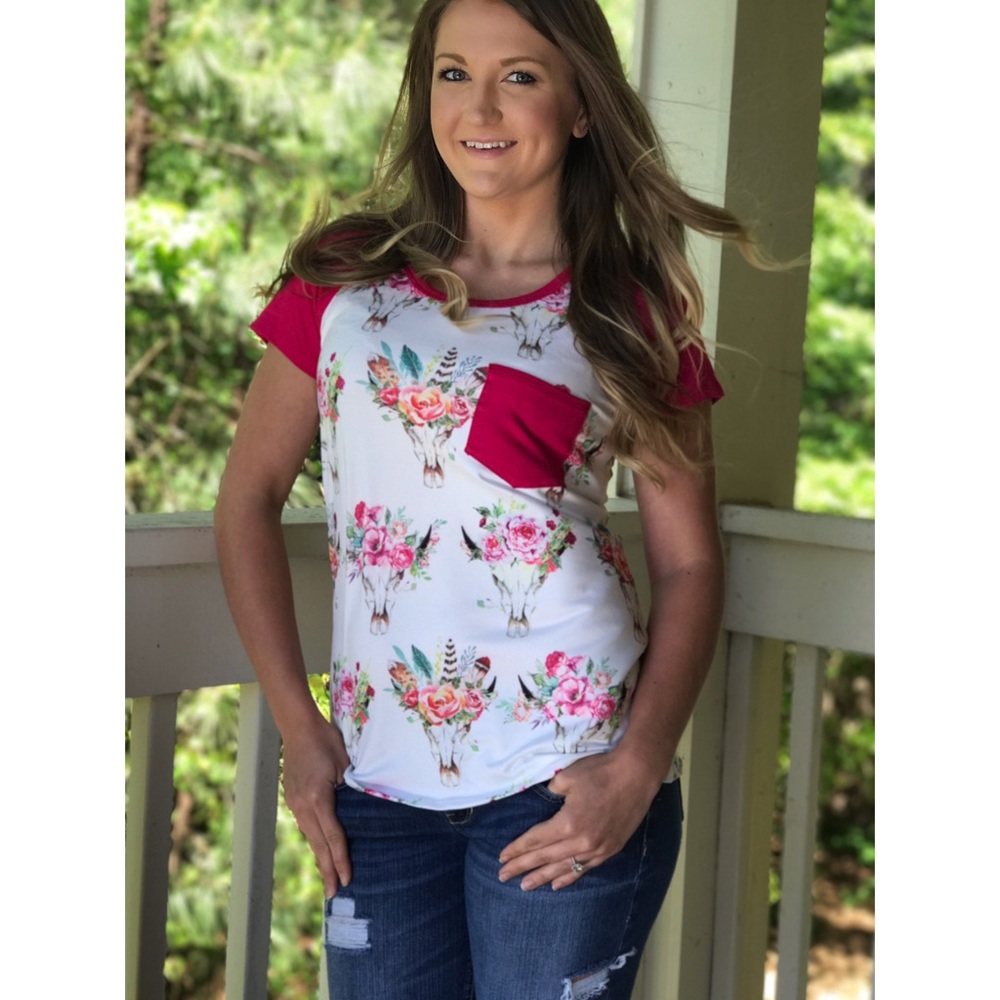 Rustic Floral Cow Skull Pocket Tee